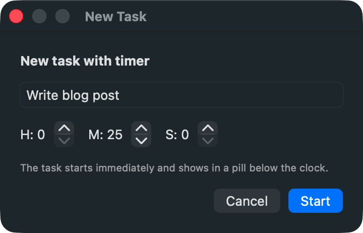 The New Task dialog to start a task with a countdown
