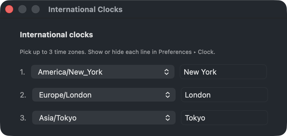 The International Clocks window, choosing up to three time zones