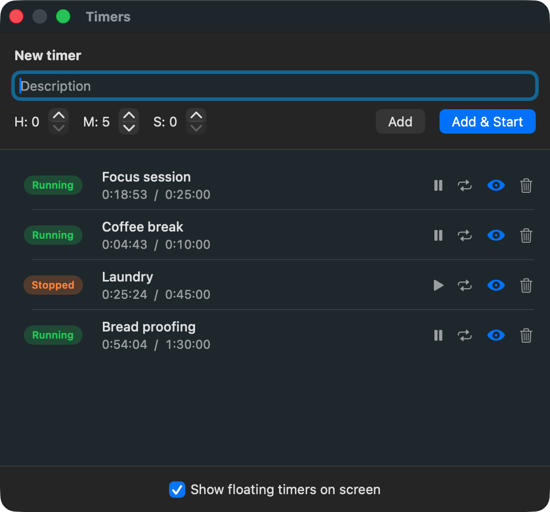 The Manage Timers window with running and paused timers