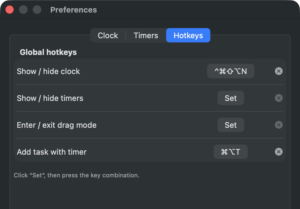 Configurable global hotkeys in Floating Clock preferences